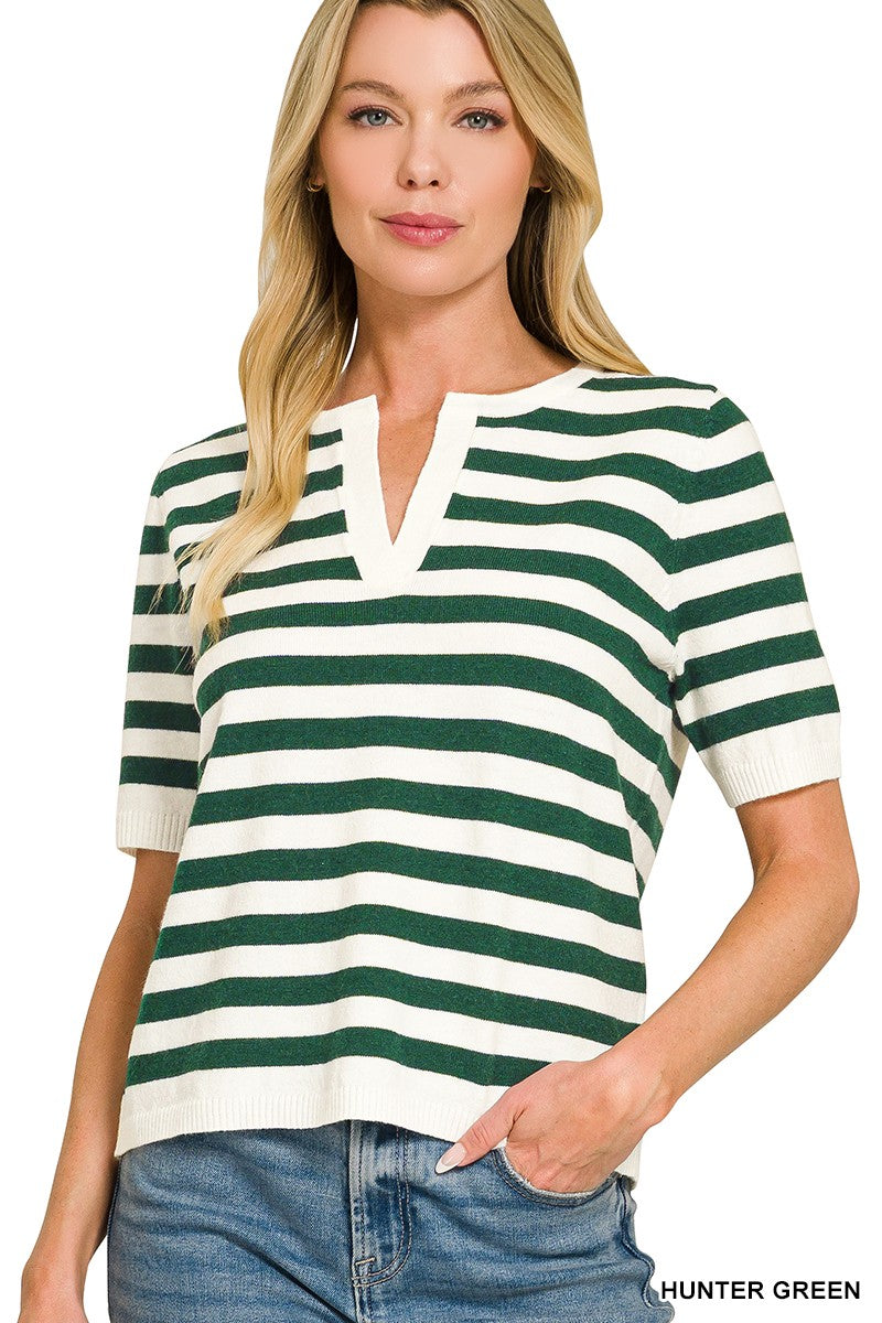 Keep It Classic Striped Knit V Neck Top - Hunter Green