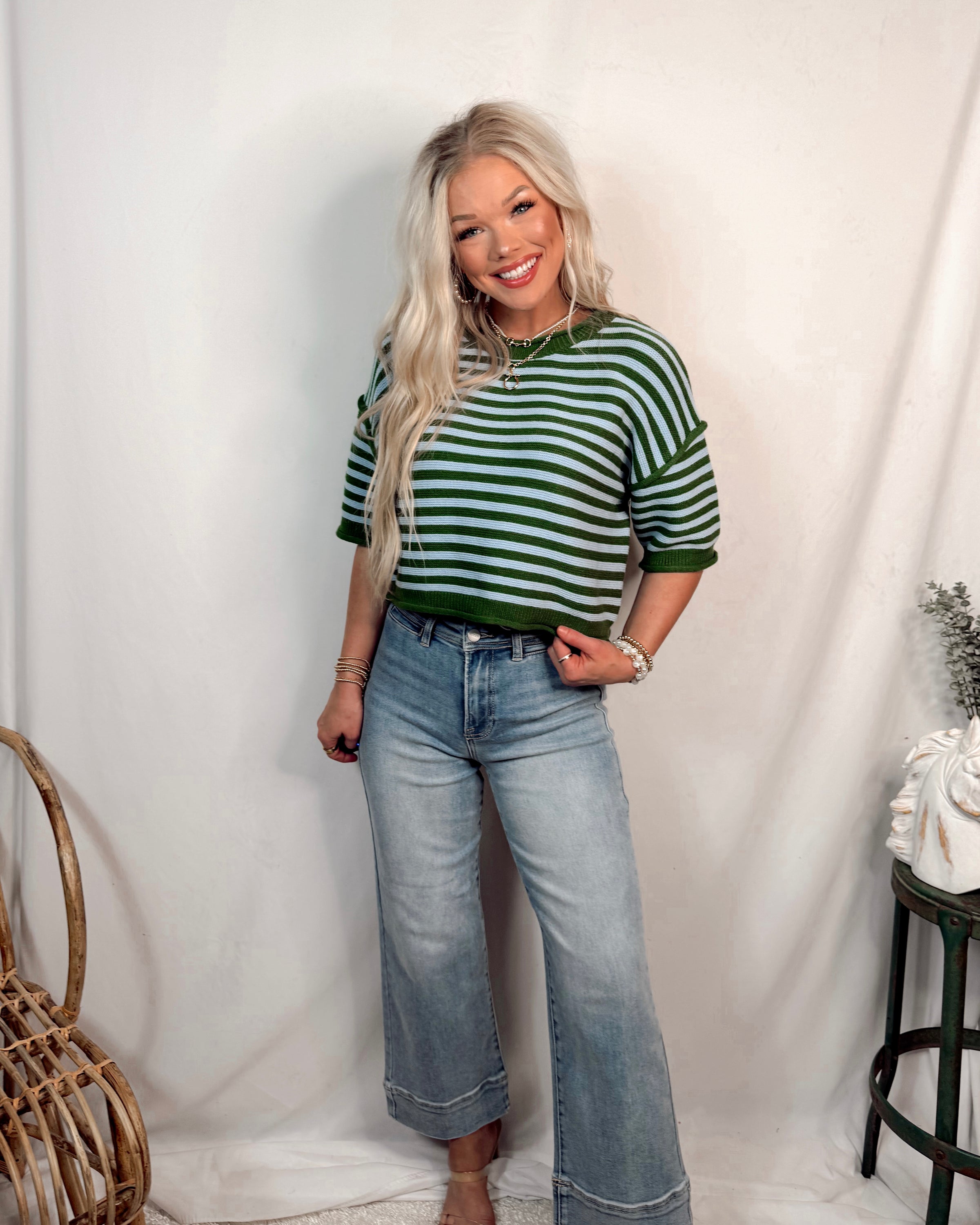 Fairway Striped Short Sleeve Knit Top - Green