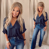 Restocked Audrina V-Neck High Low Blouse- Navy