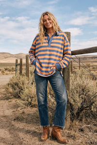 Preppy Polo Oversized Striped Long Sleeve Top In Coral + Denim Blue