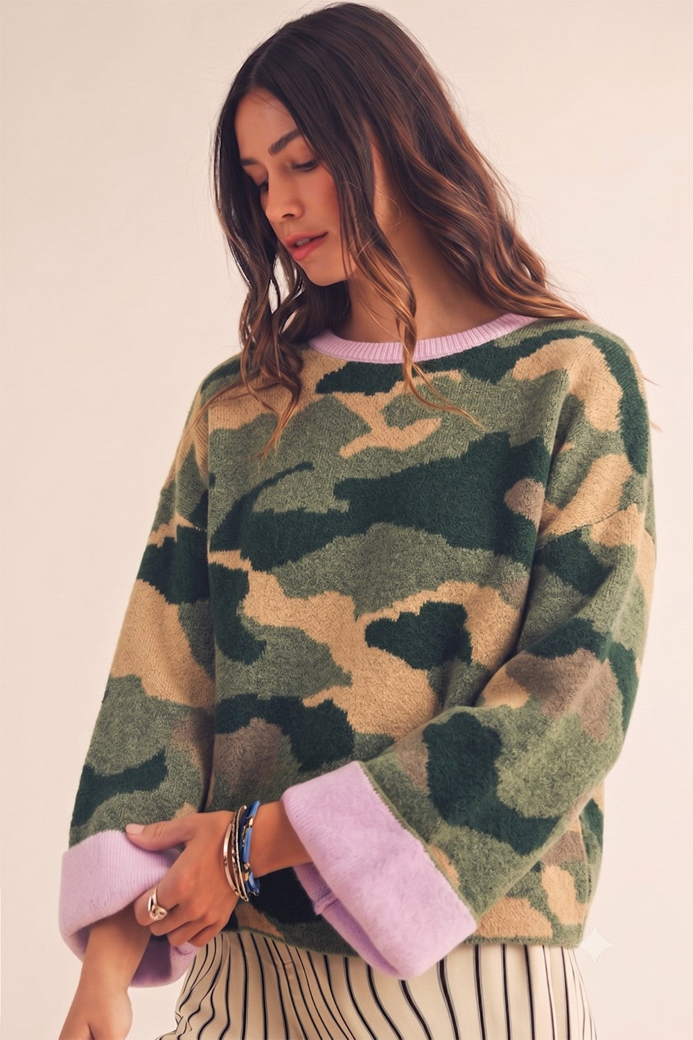 Called To Camo Contrast Long Sleeve Printed Sweater