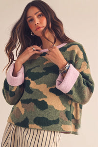 Called To Camo Contrast Long Sleeve Printed Sweater