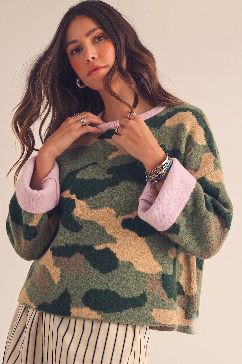 Called To Camo Contrast Long Sleeve Printed Sweater