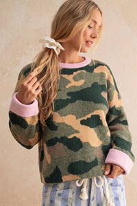 Called To Camo Contrast Long Sleeve Printed Sweater