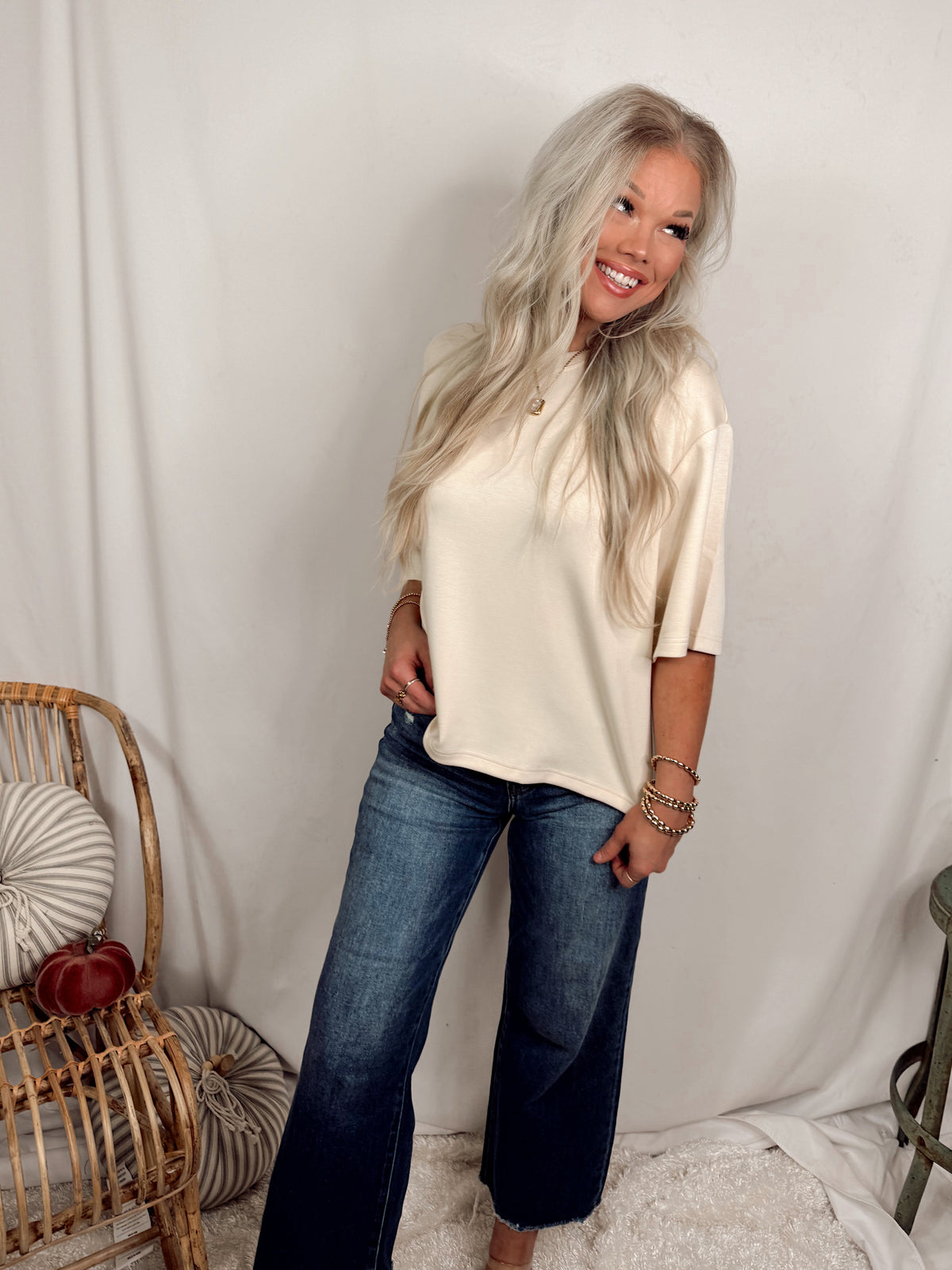Basic Babe Loose Fit Crew Neck Short Sleeve Top - Cream