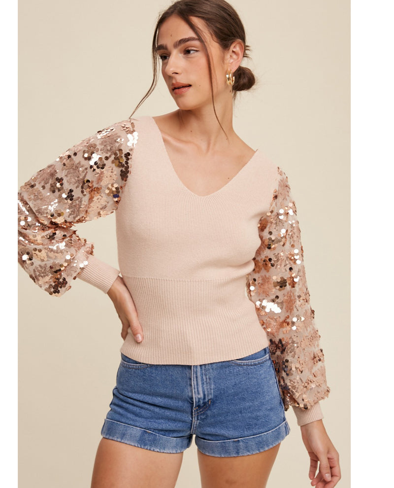 Rose Gold Haze Sequin Sleeve Top