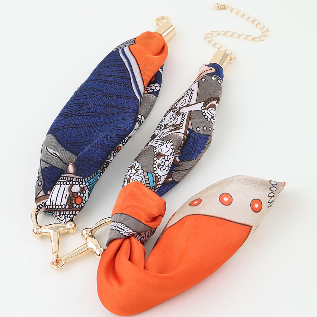 Terracotta Detailed Print Scarf Necklace w/ Bit Charm