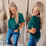 Charmer V-Neck Puff Sleeve Blouse- Hunter Green