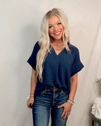 Timeless Touch V Neck Drop Sleeve Top - Indigo Navy