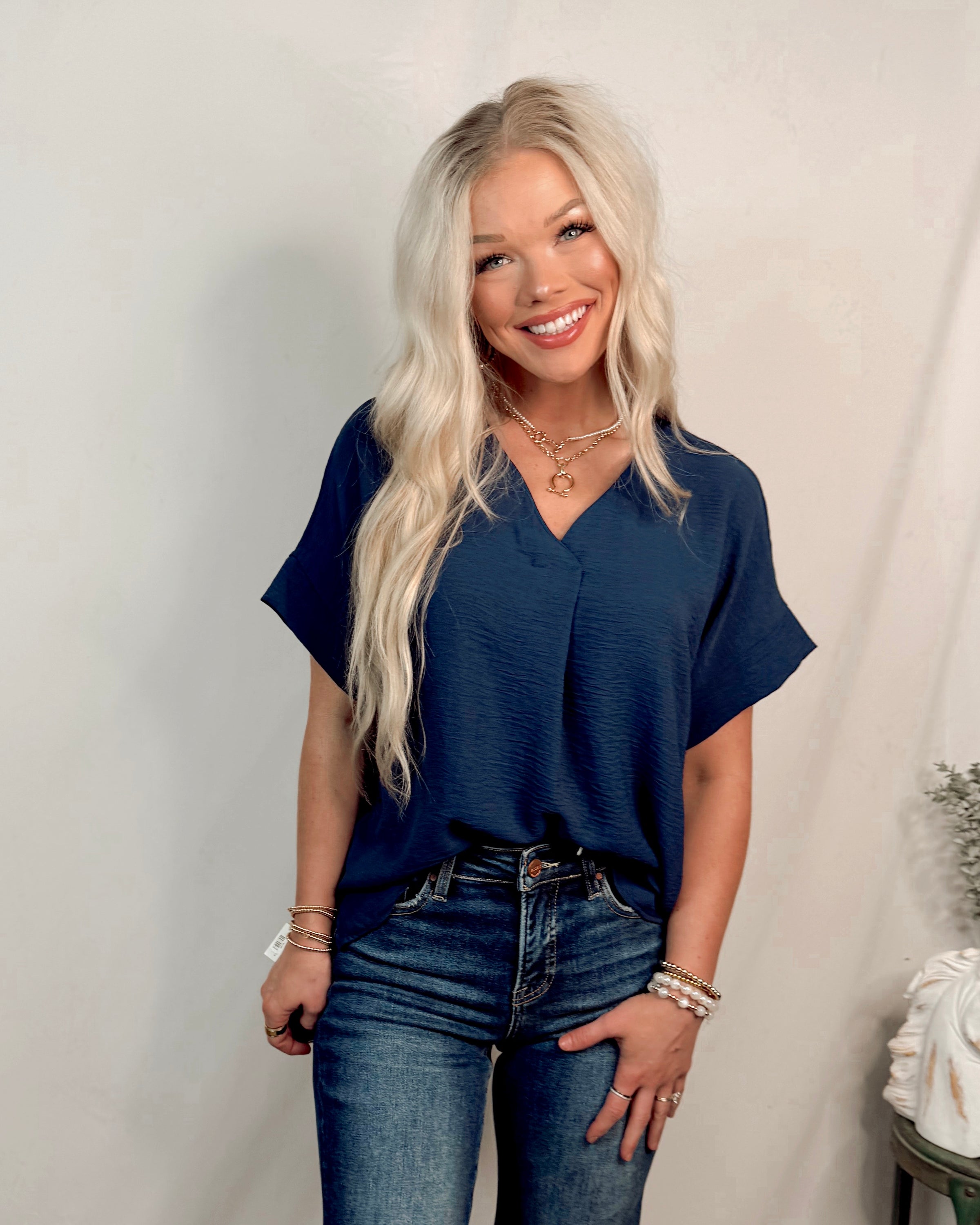 Timeless Touch V Neck Drop Sleeve Top - Indigo Navy