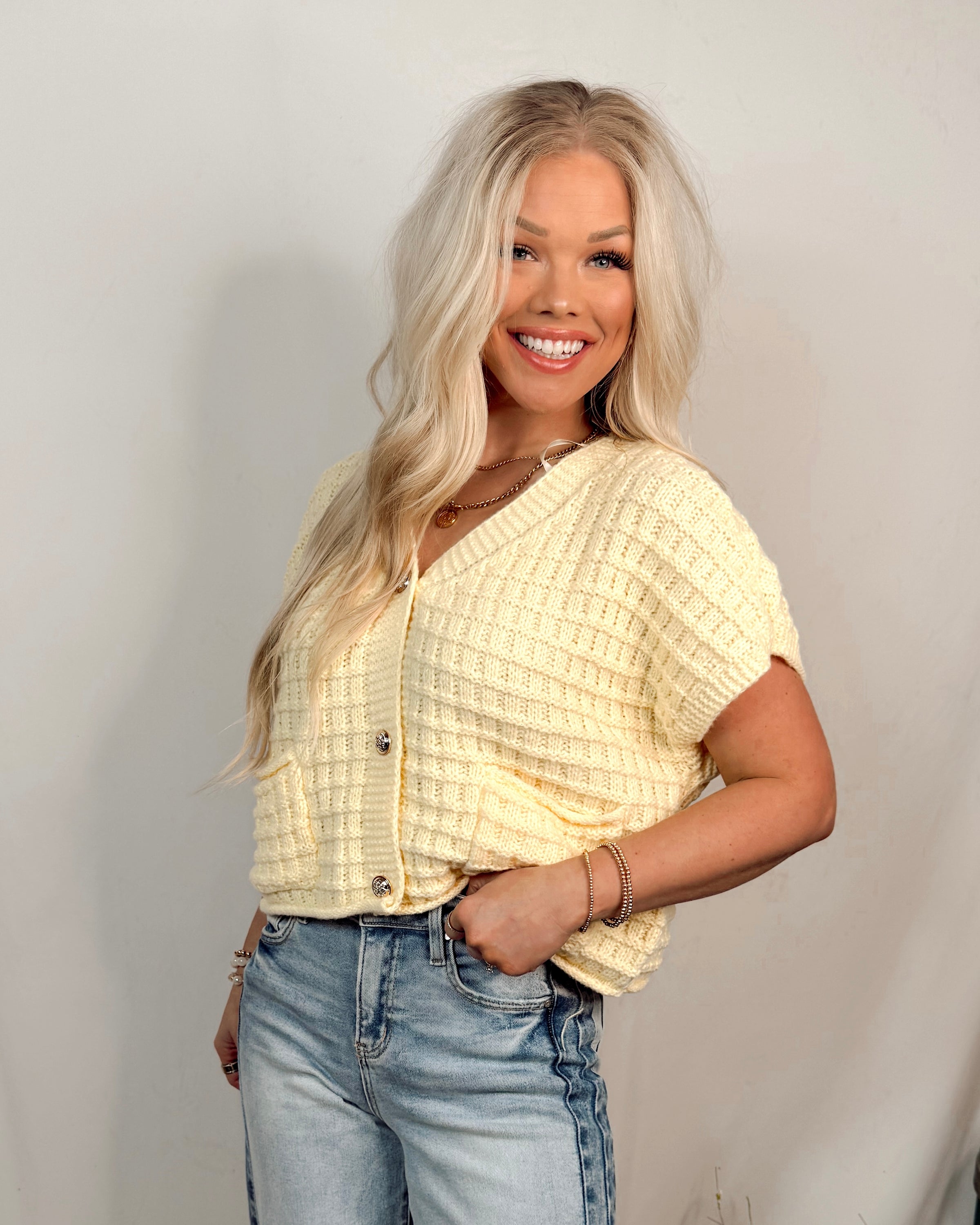 Wynona Woven Knit Button Up Blouse in Light Yellow