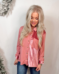 Uniquely Chic Two-Toned Contrast Velvet Detail Button Up Top - Rose