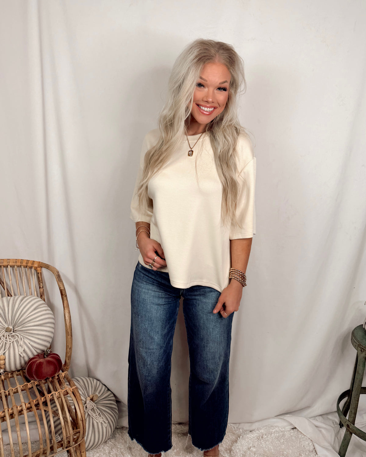 Basic Babe Loose Fit Crew Neck Short Sleeve Top - Cream
