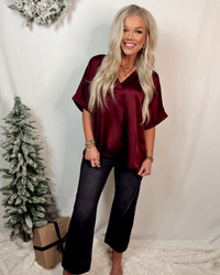 Sultry Satin Staple V-Neck Top - Burgundy