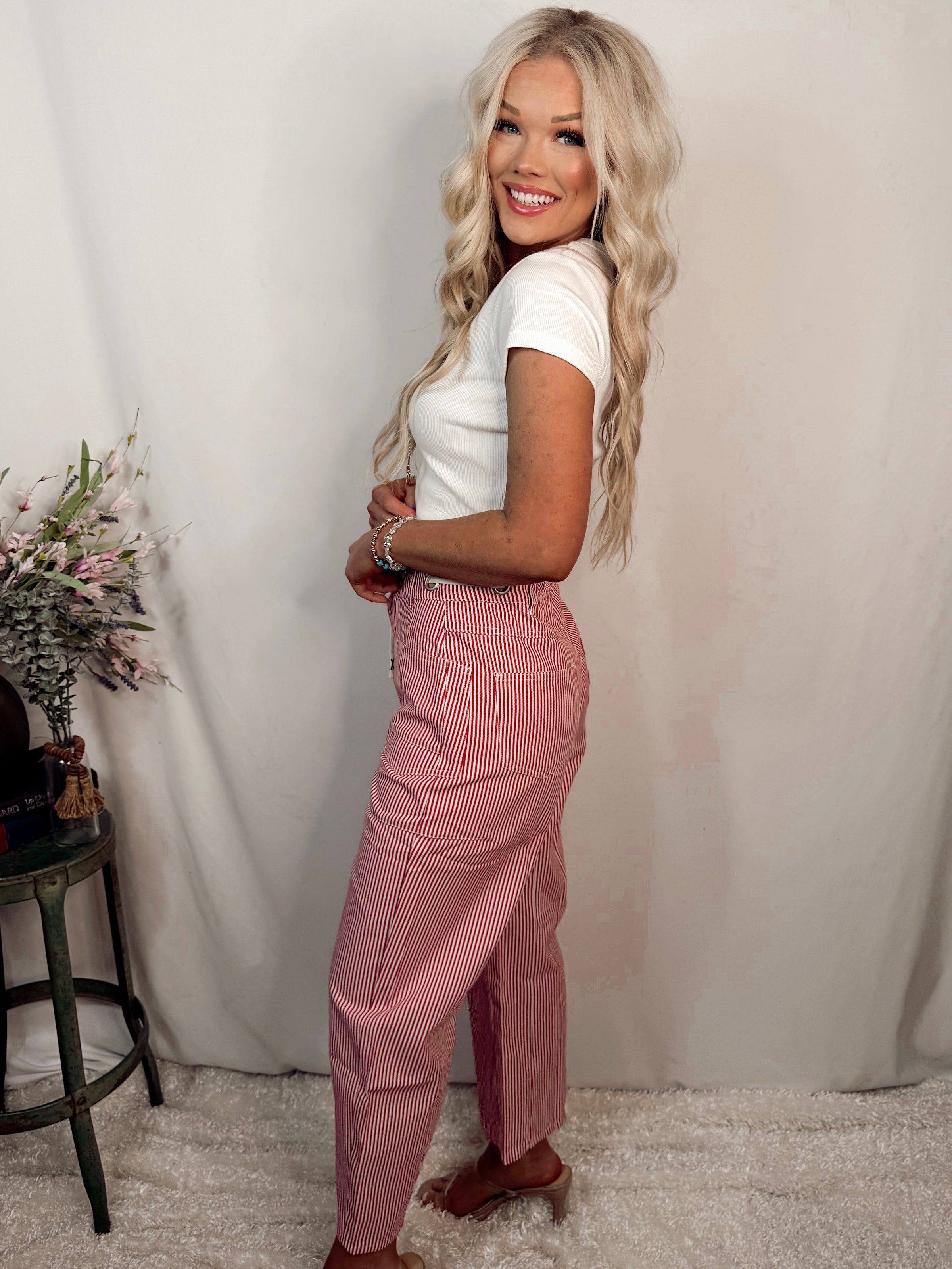 Cherry Gelato Striped Drawstring Barrel Pants - Red