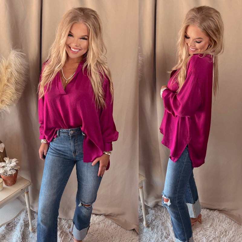 Strictly Business Collared Satin Blouse - Plum