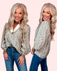 Garden Of Green Printed Detailed Collared Blouse