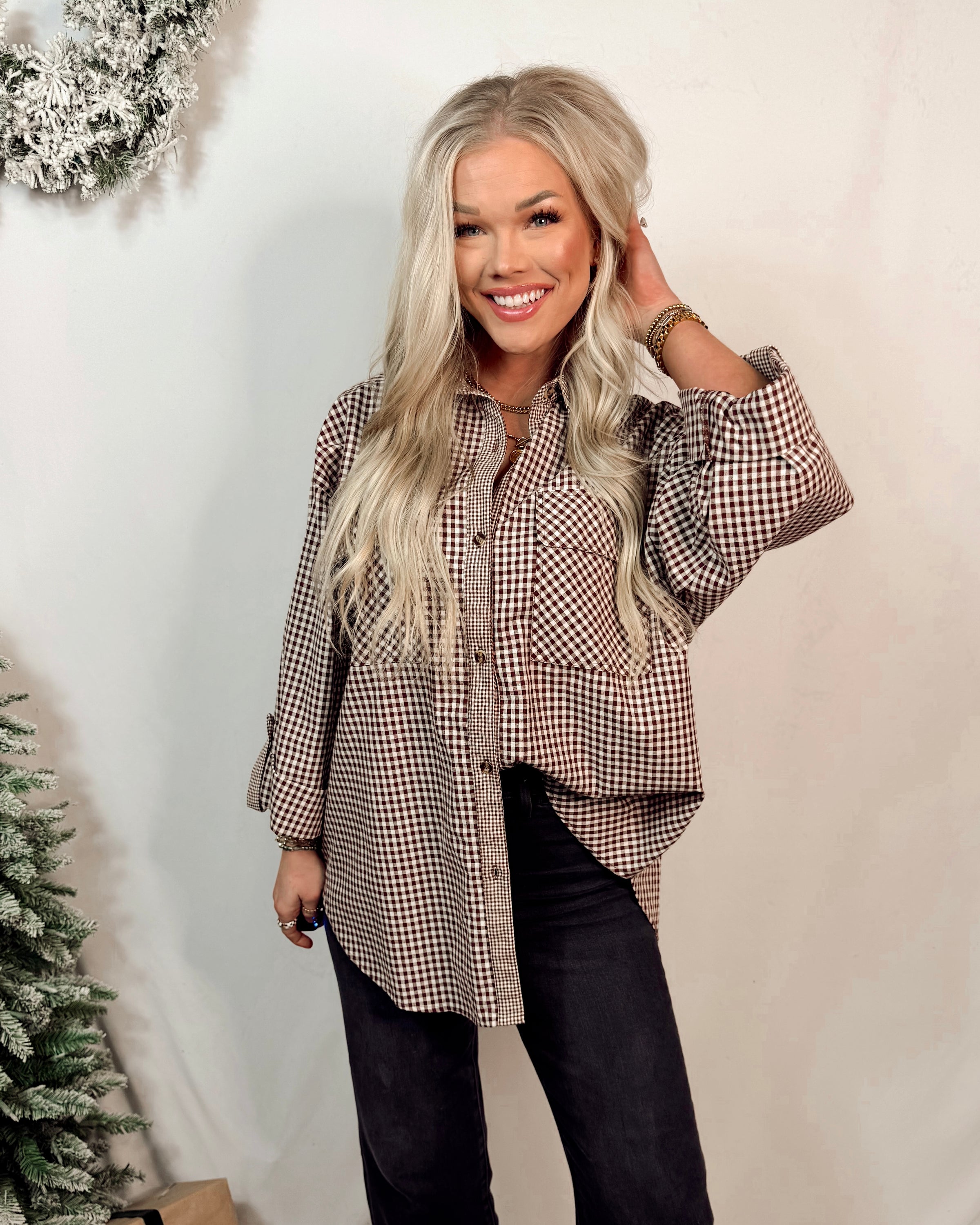 Rebecca Woven Plaid Rolled Sleeve Button Up Blouse