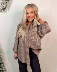Rebecca Woven Plaid Rolled Sleeve Button Up Blouse