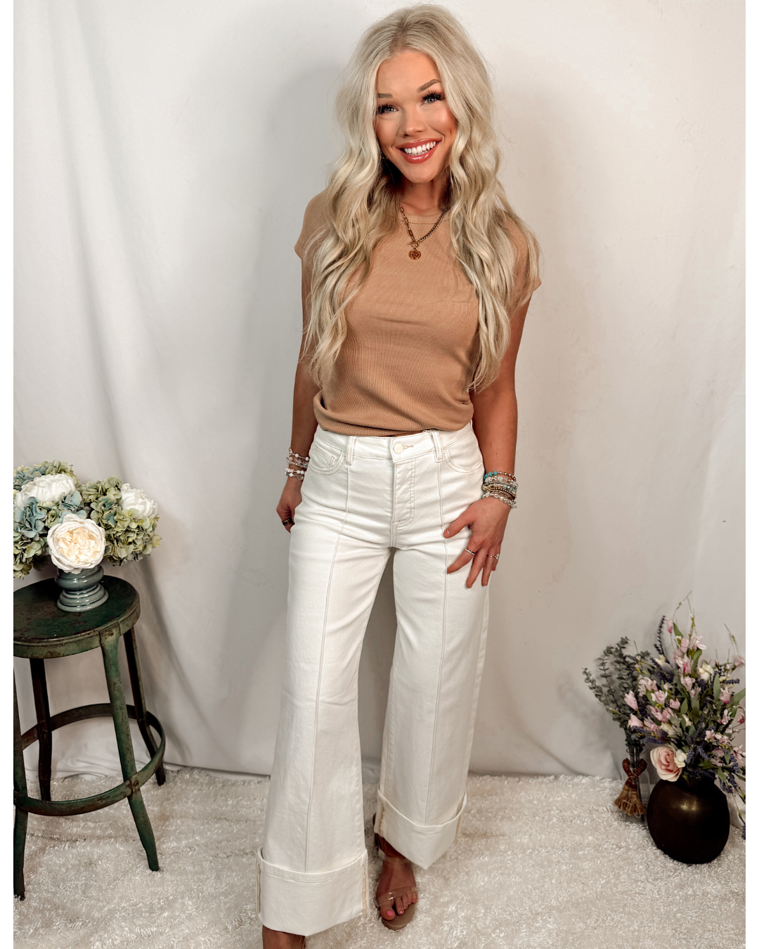 Bel Air Cuff Crop Wide Leg High Rise w/Tummy Control Jeans - Cream