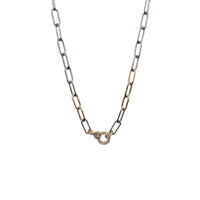 18K Gold Dipped Two Toned Chain Link Necklace w/ Pave Charm