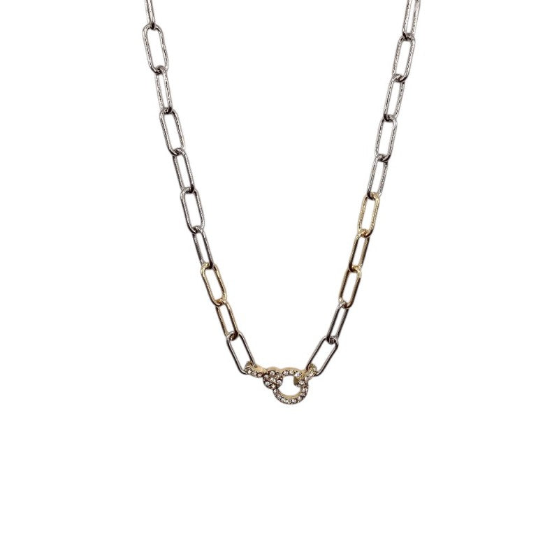 18K Gold Dipped Two Toned Chain Link Necklace w/ Pave Charm