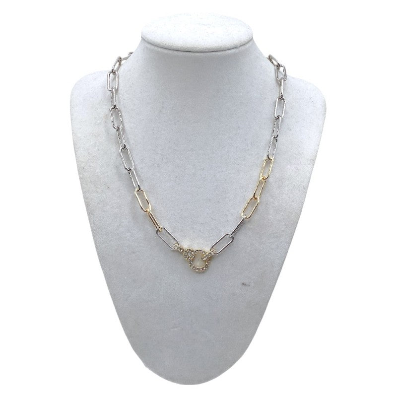 18K Gold Dipped Two Toned Chain Link Necklace w/ Pave Charm