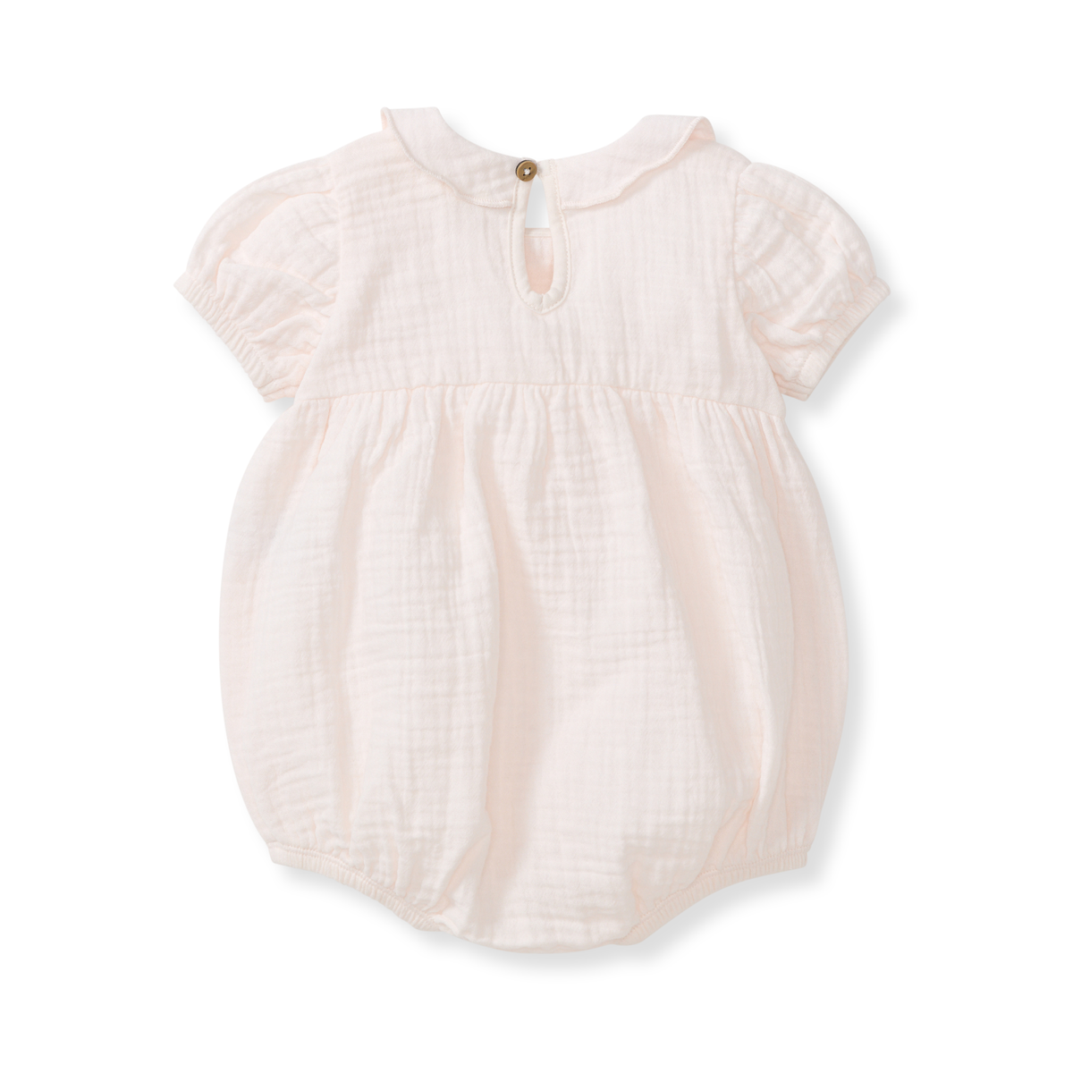 Back view pink baby bubble romper with short sleeves on a white background