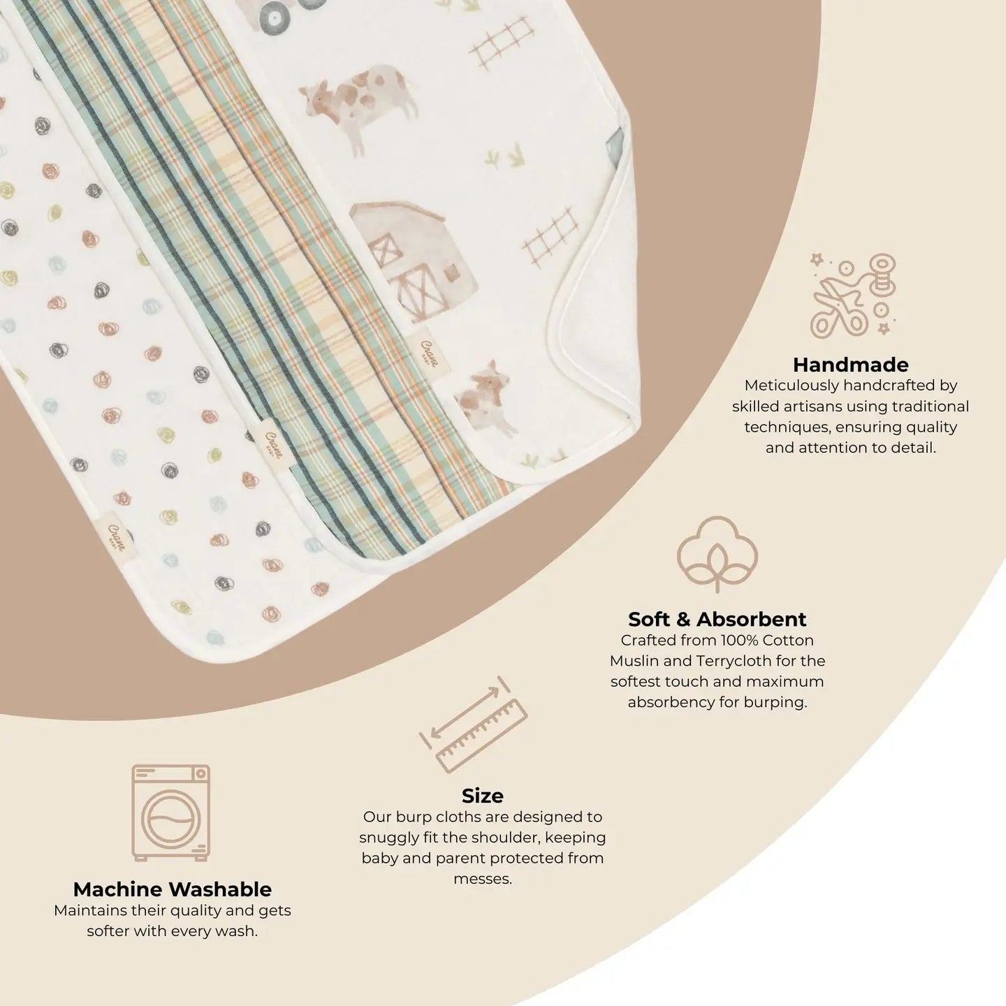 Charlie Farmhouse Set of 3 Cotton Muslin Burp Cloths