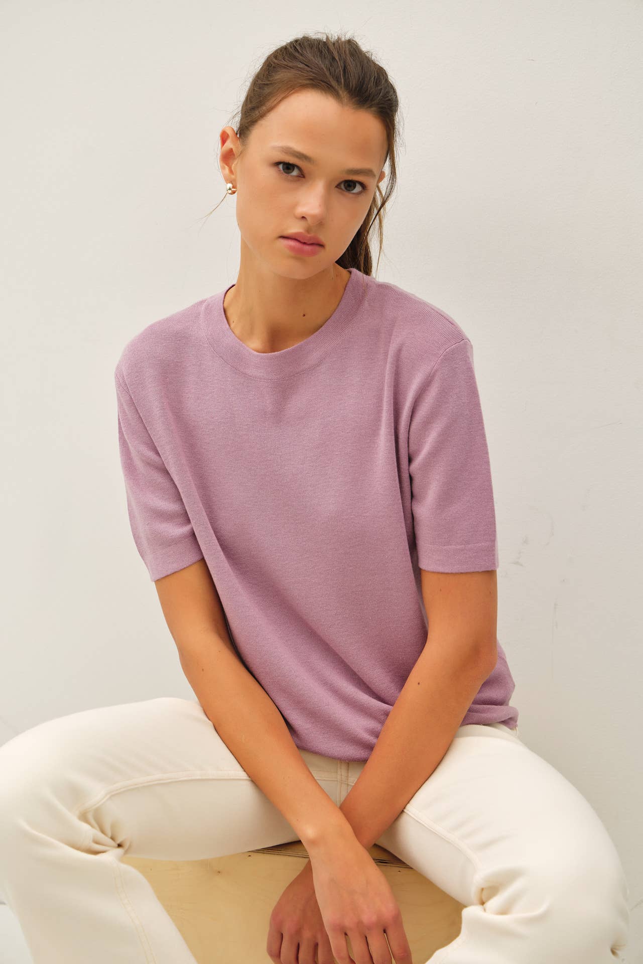 Cozy Cashmere Blend Knit Short Sleeve Top - Lavender