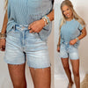 High Standard Raw Edge Light Wash Denim Shorts