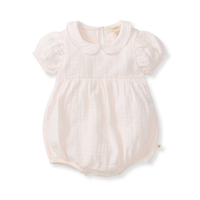 Pink baby bubble romper with Peter Pan  collar on a white background