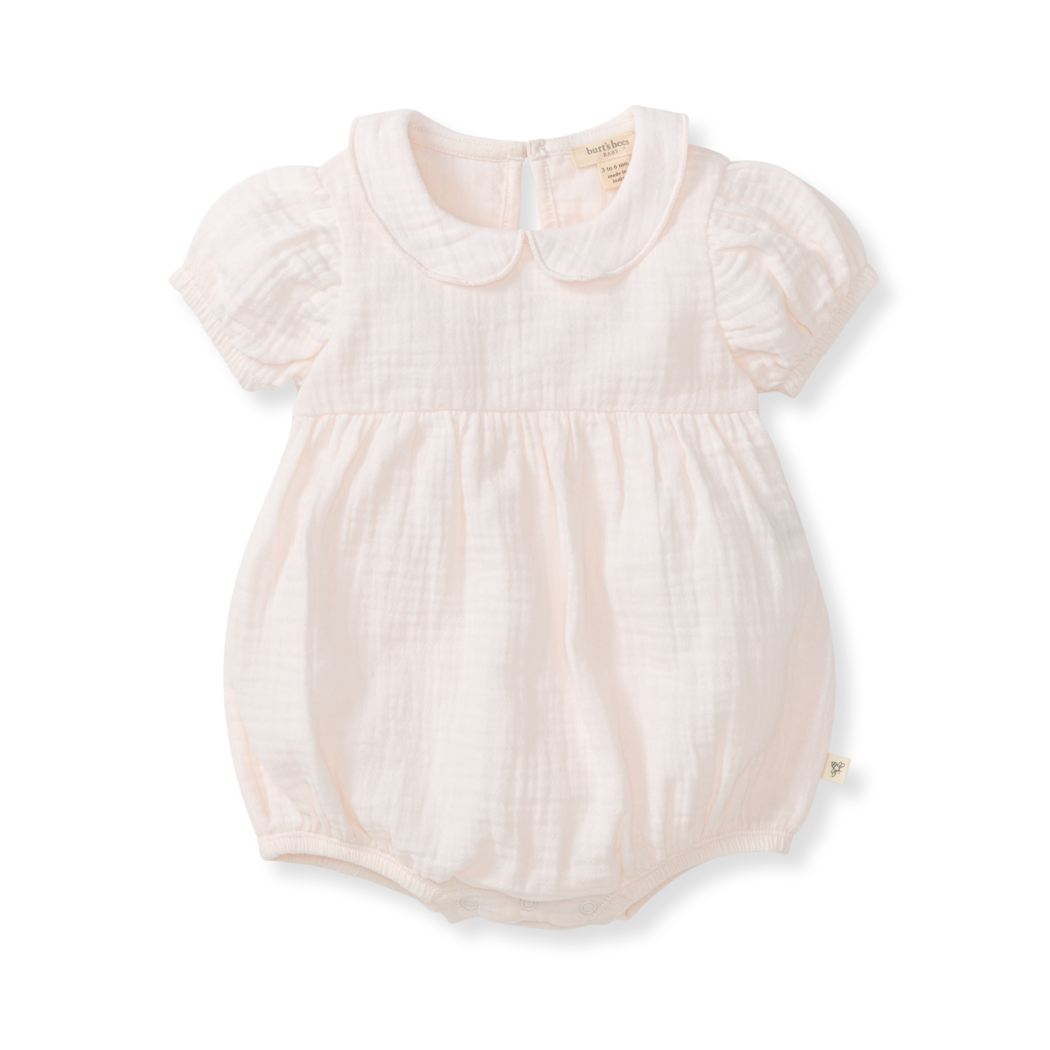 Pink baby bubble romper with Peter Pan  collar on a white background