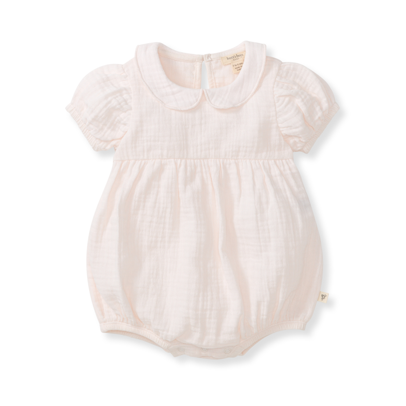 Pink baby bubble romper with Peter Pan  collar on a white background