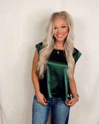 Swank Staple Satin Cap Sleeve Blouse in Emerald Green