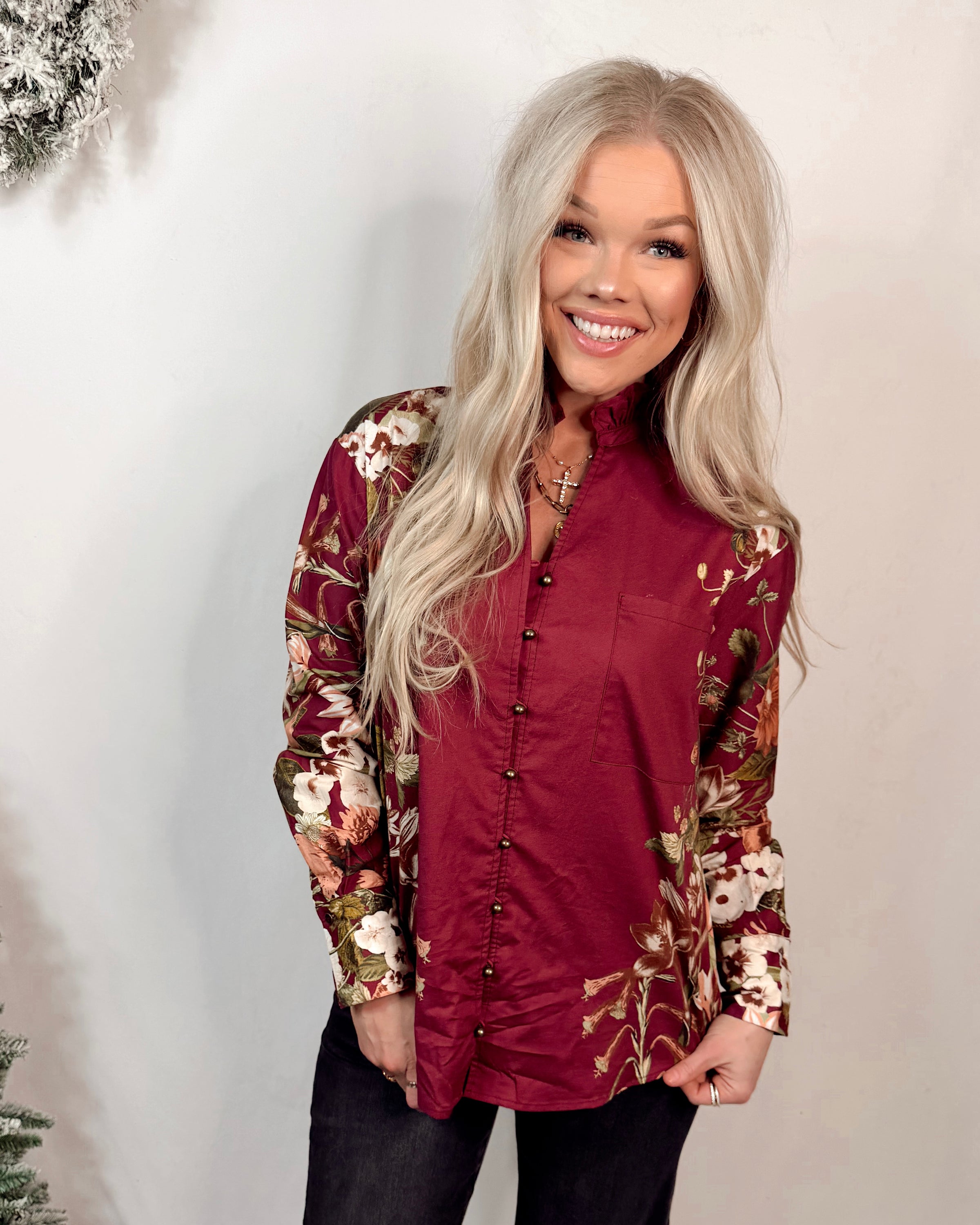 Merlot Manor Floral Print Gold Button Blouse