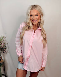 Blushing Tide Oversized Button Up Long Sleeve Top - Baby Pink