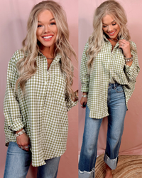 Gingham & Go Oversized Button Up Top - Light Green