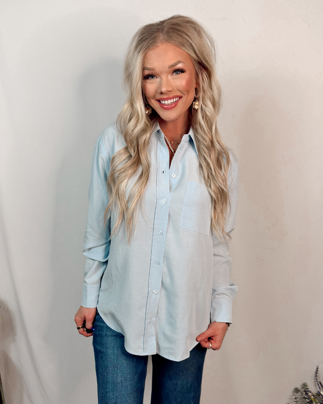 Clean Lines Classic Essential Button Down Top - Ice Blue
