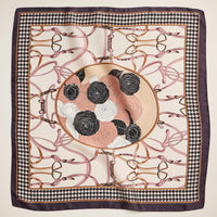 Floral & Equestrian Print Square Scarf with Houndstooth Border