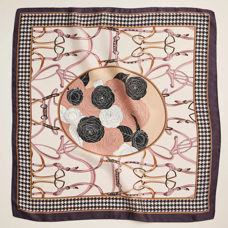 Floral & Equestrian Print Square Scarf with Houndstooth Border