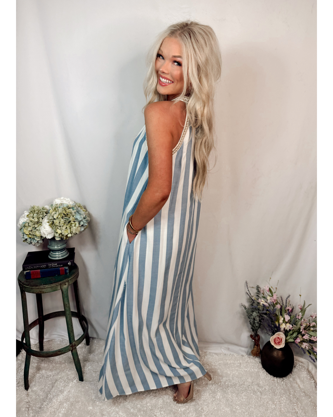 Barefoot Stripe Halter Neck Dress - Blue