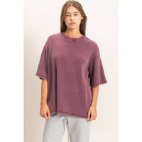 Monday Morning Mineral Wash Ribbed Crew Neck Short Sleeve Basic Blouse in Dark Cherry