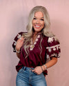 Regal Bloom Embroidered Puff Sleeve Blouse - Burgundy