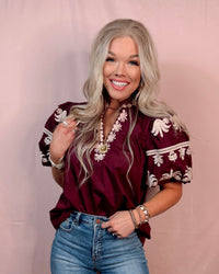Regal Bloom Embroidered Puff Sleeve Blouse - Burgundy