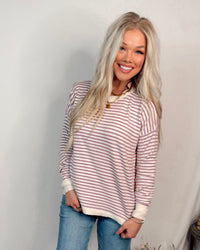 Lavender Latte Crew Neck Striped Knit Sweater