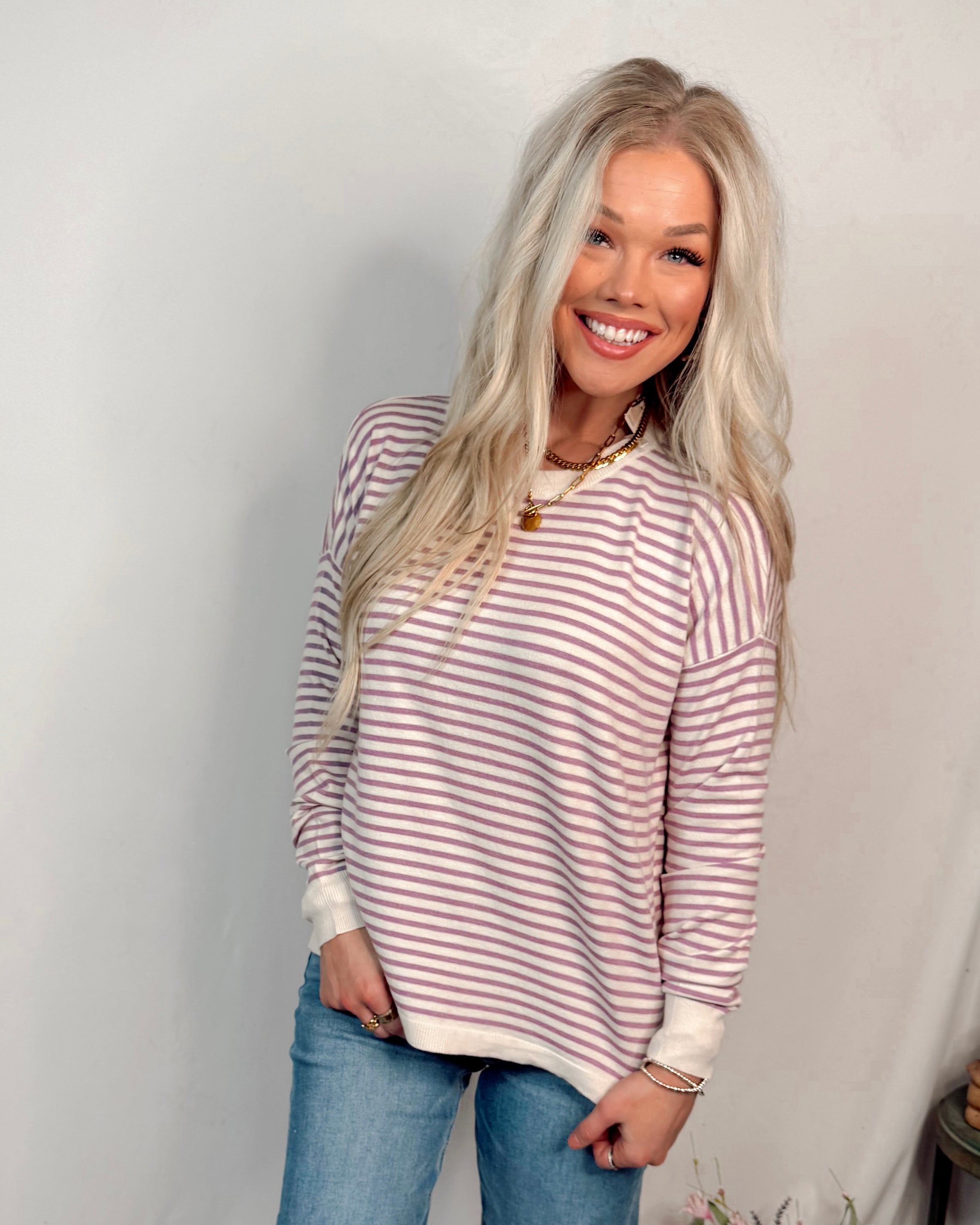 Lavender Latte Crew Neck Striped Knit Sweater