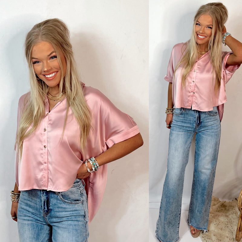 Smitten Short Sleeve Satin Button Up Blouse - Rose Pink