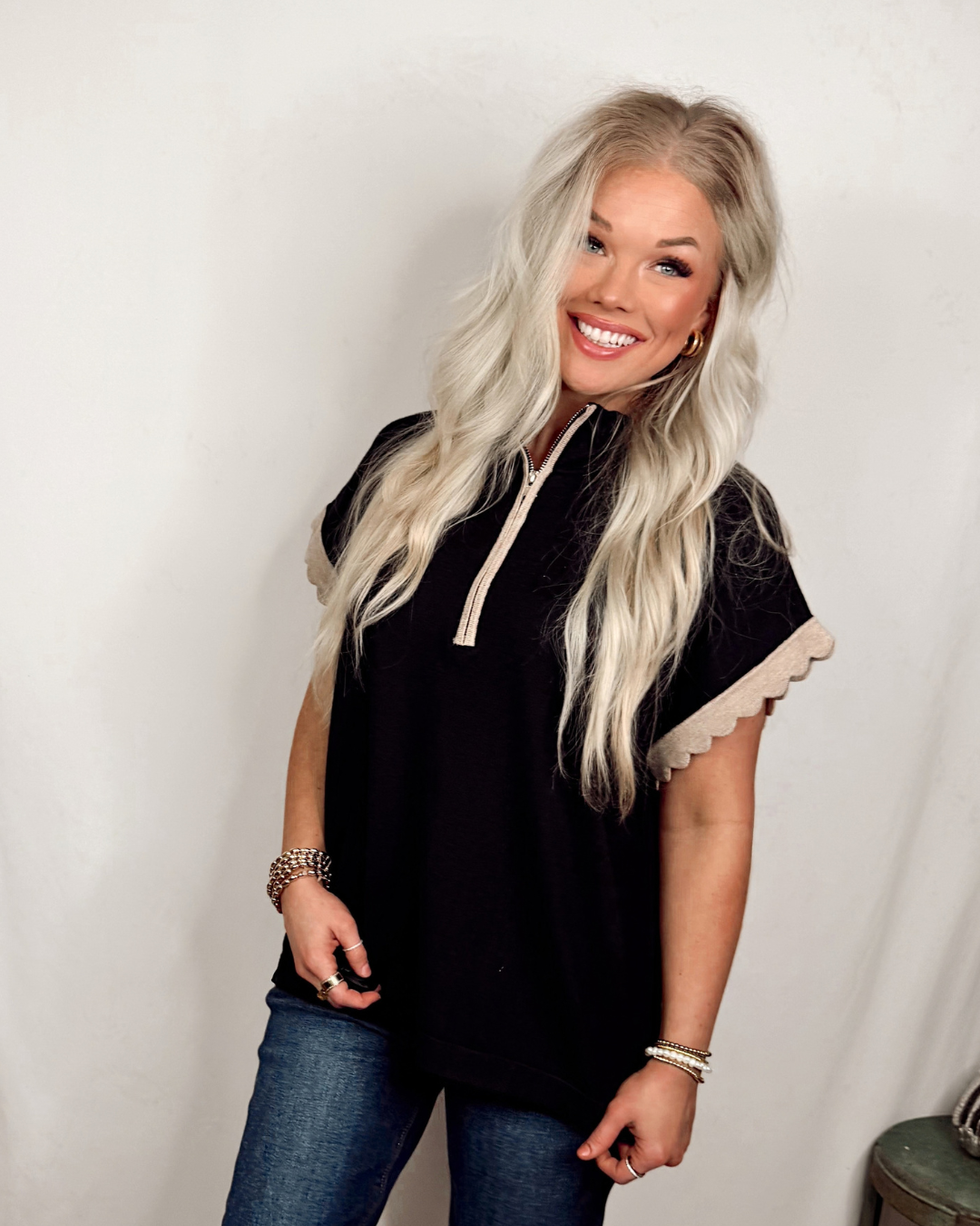 Casual Charm Half Zip Scalloped Knit Top - Black