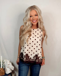 Elegant in Espresso Lace Trim Polka Dot Printed Blouse